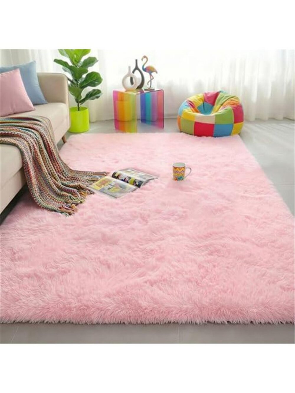 Pink Area Rugs for Bedroom Girls, Living Room Decor, Fluffy Fuzzy Shag Rug 4x6